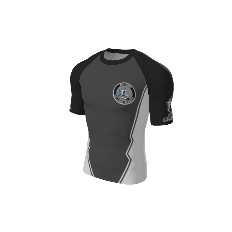 The Retro Grappler Custom Jagged Short Sleeve Rash Guard by Custom features black and gray colors, a white circular emblem logo on the left chest, contrasting sleeves, and a bold lightning graphic across the front.