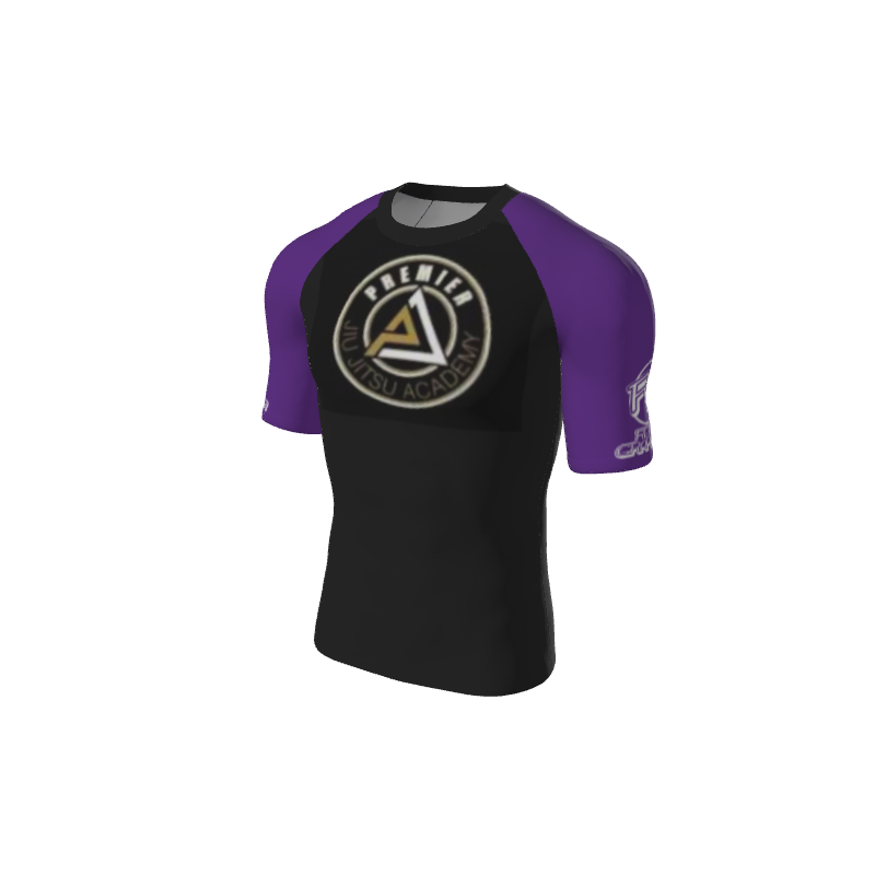 The Custom Retro Grappler Custom Single Color Short Sleeve Rash Guard (black and purple) features the “Premier Jiu Jitsu Academy” chest logo and a small white sleeve logo—ideal for grapplers seeking style and performance.