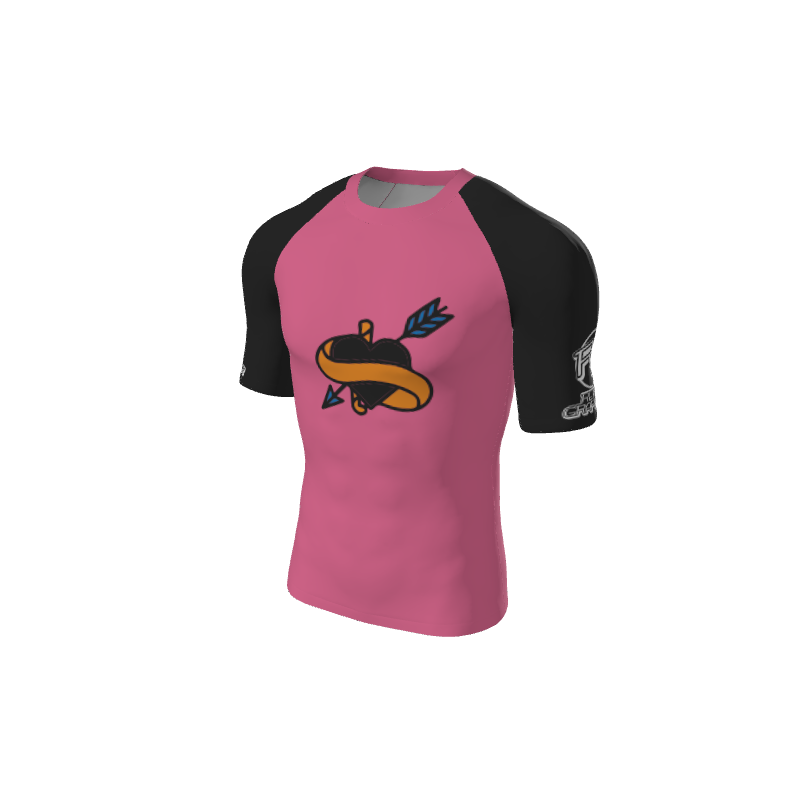 The Retro Grappler Custom Single Color Short Sleeve Rash Guard by Custom features black sleeves, a pink body with a heart and arrow graphic, plus a white logo on the left sleeve—ideal for workouts or casual wear.