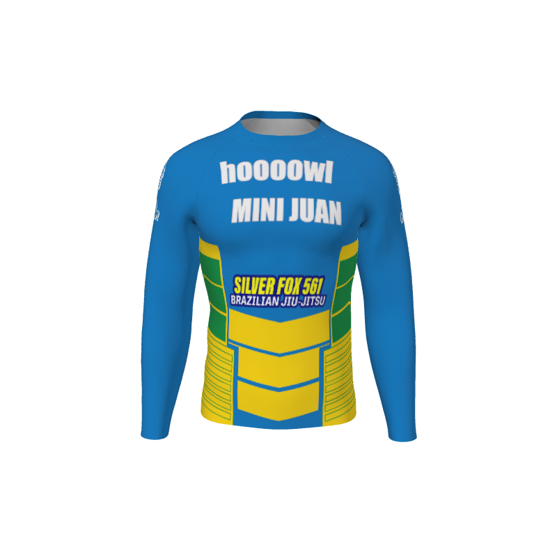 The Retro Grappler Custom Square Sides Long Sleeve Rash Guard by Custom features blue and yellow sleeves, hoooow! MINI JUAN on the chest, SILVER FOX BJJ BRAZILIAN JIU-JITSU below, and bold yellow/green geometric patterns for a unique style.