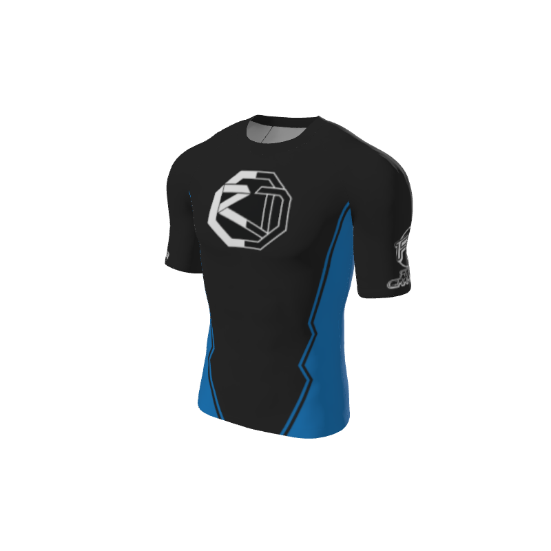 The Custom Retro Grappler Custom Jagged Short Sleeve Rash Guard features black fabric with blue side panels, a white geometric chest logo, and left sleeve graphics. This fitted shirt is designed for sports or training with custom style and performance.