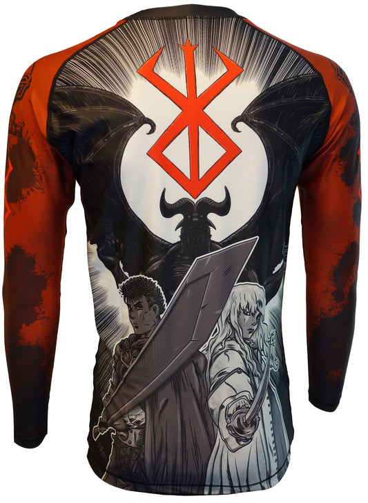 The Retro Grappler Berserk Manga Long Sleeve Rashguard showcases two sword-wielding characters facing a winged demon, with a bold red symbol above and dark red sleeves featuring striking Berserk fan art.
