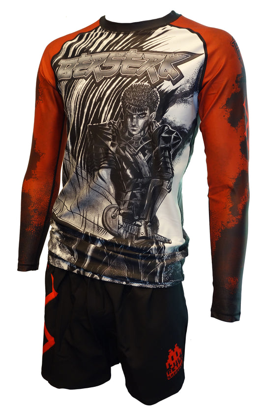 Explore new gear with the Retro Grappler Berserk Manga Rashguard and Short Kit, featuring black and red colors, a warrior with a sword, and Berserk above in manga style—perfect for martial arts.
