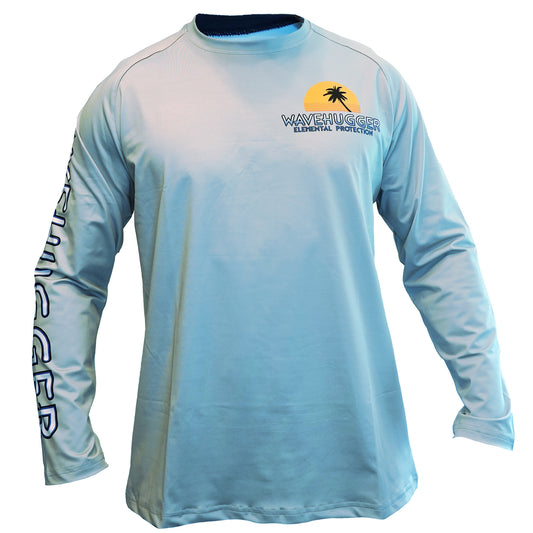 The Blacktip Reef Performance Shirt by Wave Hugger features long sleeves, ELEMENTAL PROTECTION, a palm tree chest logo, WAVEHUGGER on the left sleeve, and UPF 50+ sun protection for all-day comfort.