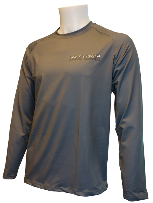 The Wave Hugger Classic Performance Shirt, shown in gray with WAVEHUGGER and small text on the left chest, provides UPF 50+ sun protection—perfect for your fishing gear essentials.