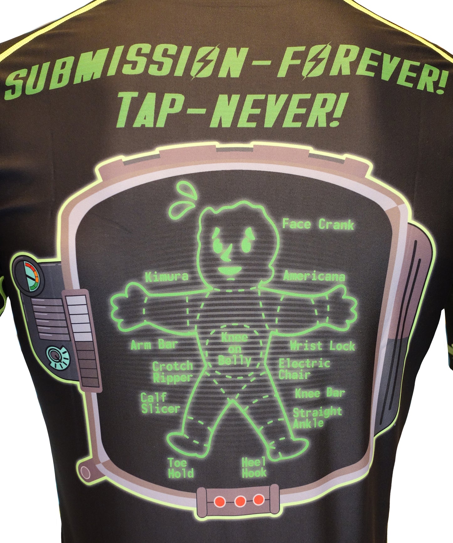 Retro Grappler’s Fallout Wasteland Grappler Rash Guard is a limited edition shirt featuring a cartoon figure in a chamber like Pip-Boy V.A.T.S., with “SUBMISSION-FOREVER! TAP-NEVER!” and moves like Kimura, Arm Bar, Heel Hook, and Face Crank.