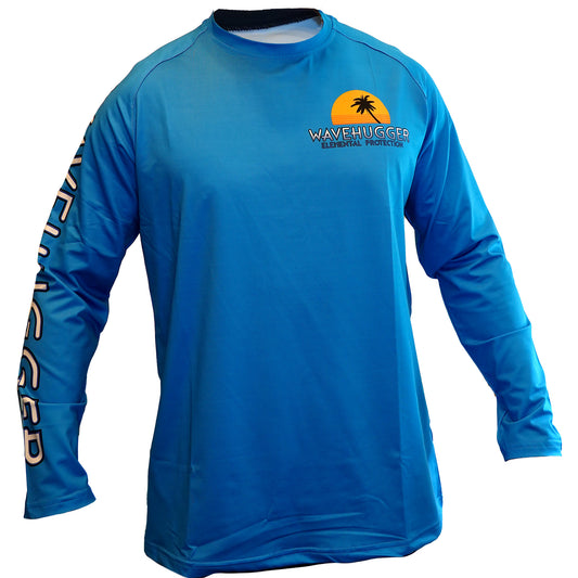The Wave Hugger Hawaiian Gold Performance Shirt is a blue long-sleeve top with WAVEHUGGER ELEMENTAL PROTECTION, a palm tree chest graphic, logo on the right sleeve, and UPF 50+ sun protection for all-day outdoor comfort.