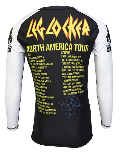 The Retro Grappler Leg Leppard - Def Leppard Parody rash guard features “LEG LOCKER” in bold yellow and red, North America Tour stops below, and a target graphic—ideal for grappling fans.