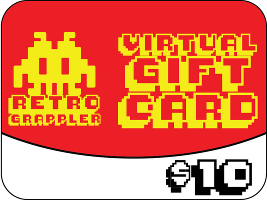 The Retro Grappler Gift Card by Retro Grappler features red and white colors, yellow pixel art text, a pixel alien graphic, and a $10 value—perfect for martial arts gear fans.