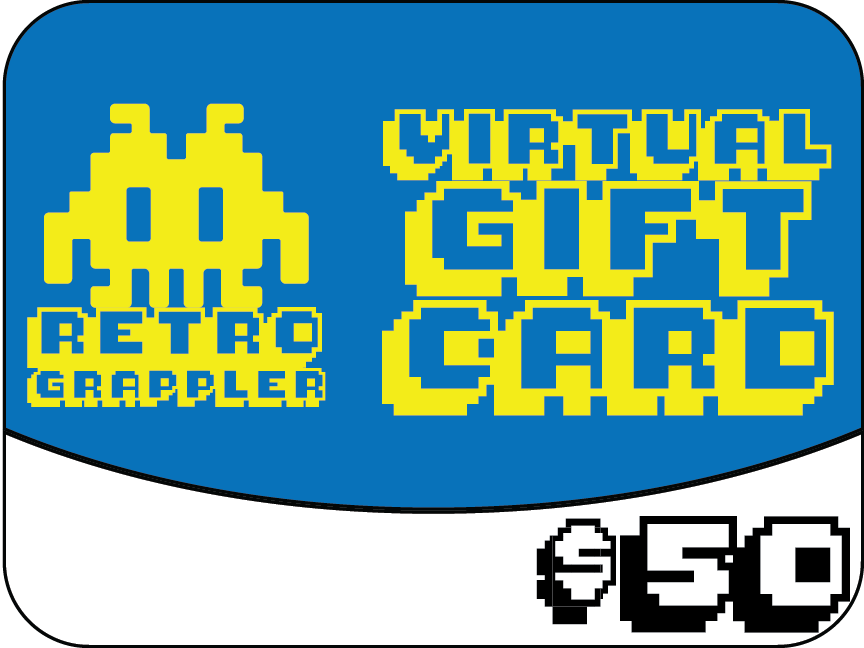 A blue and white Retro Grappler Gift Card from Retro Grappler, valued at $50, with yellow pixelated text and a pixel art alien—ideal for martial arts gear fans.