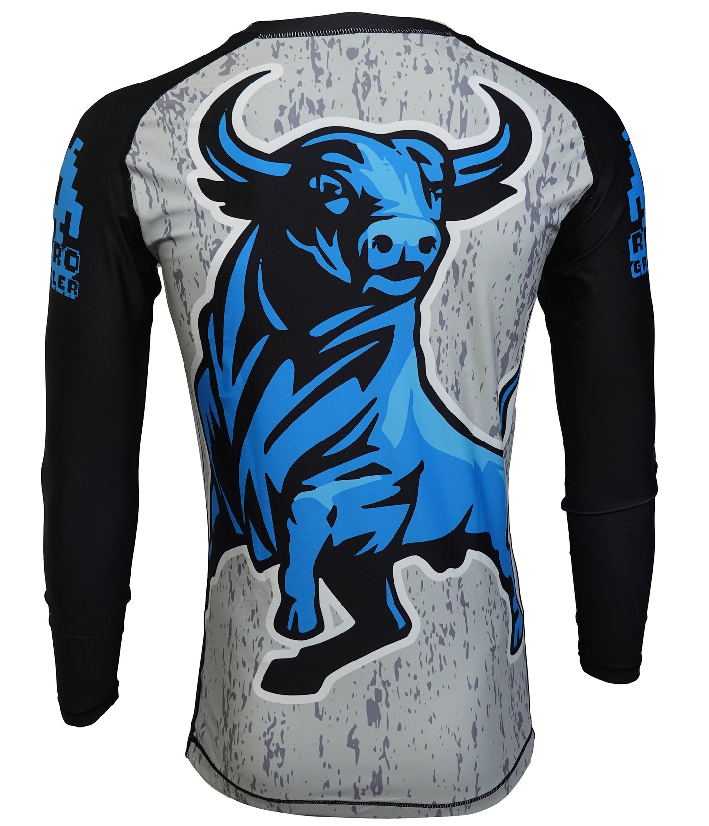 The Retro Grappler Strong Like Bull - Schlitz THE BULL Parody Rash Guard features black sleeves, a large blue bull graphic on a textured gray background—ideal for fans of stylish MMA gear.