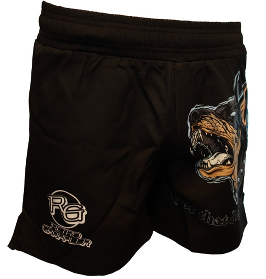 Black lightweight That Dog Grappling Shorts by Retro Grappler, featuring a stylized dog graphic, plus white RG and Retro Grappler logos—ideal for jiu-jitsu training or competition.