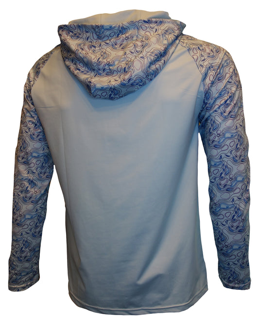 The Wave Hugger Contour Hooded Performance Shirt, shown from the back, features light blue sleeves and hood with a swirling blue and white pattern, made from moisture-wicking fabric for all-day comfort.