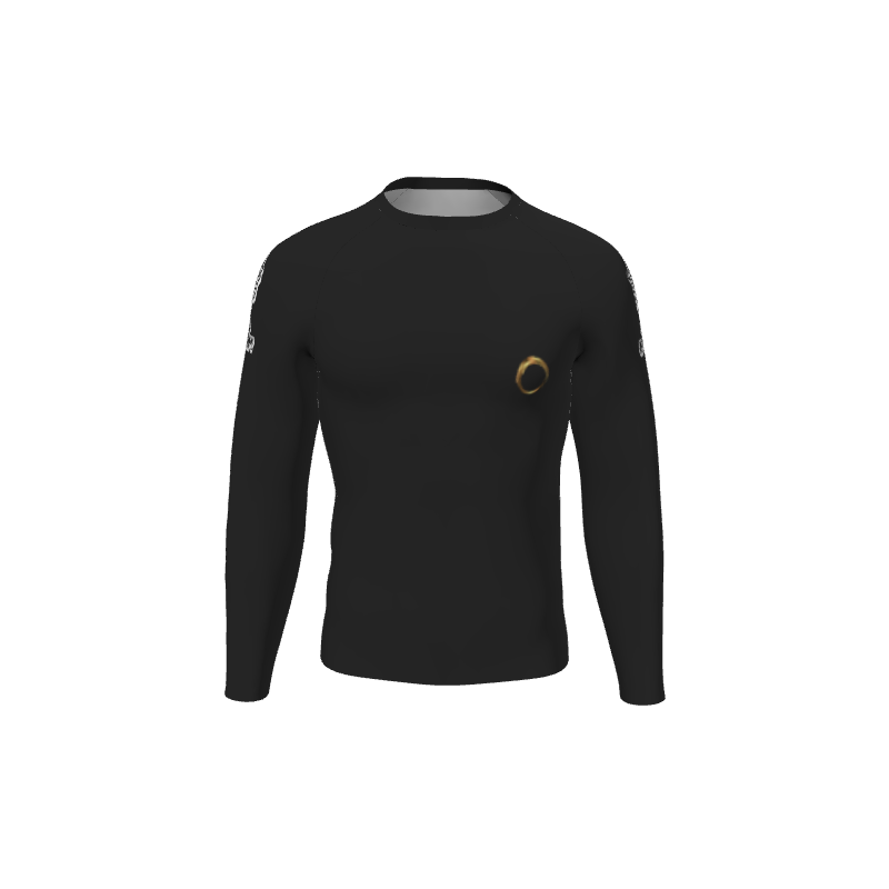 The Retro Grappler Custom Single Color Long Sleeve Rash Guard by Custom is a black long sleeve featuring a small gold circular logo on the left chest and white graphics on both sleeves, shown against a plain background.