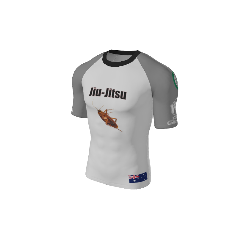 The Custom Retro Grappler Custom Single Color Short Sleeve Rash Guard features a white and gray design with Jiu-Jitsu text, a cockroach image, Australian flag patch, and green/white sleeve logos—perfect for stand-out style and performance.