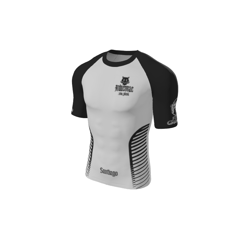 The Custom Retro Grappler Custom Sides Short Sleeve Rash Guard features black sleeves, a white torso, “Santiago” and “Holman Jiu Jitsu” text, black side stripes, and stylized logos—a perfect retro look for grapplers.