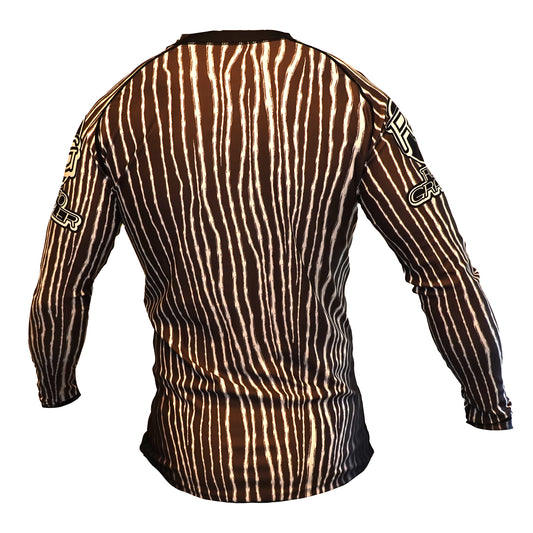 The Retro Grappler Bone Daddy Rash Guard is a long-sleeve BJJ top with black and white vertical stripes, shown from the back, featuring logo designs near the shoulders on each sleeve.