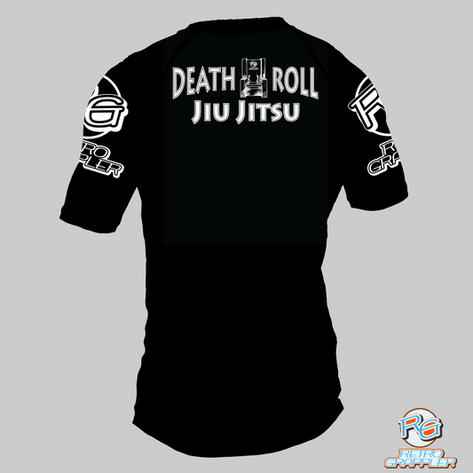 The Death Roll Jiu Jitsu - Death Row Parody Rash Guard by Retro Grappler features a black short-sleeve design, alligator graphic on back, and logos on both sleeves and hem—ideal for MMA or tough grappling sessions.