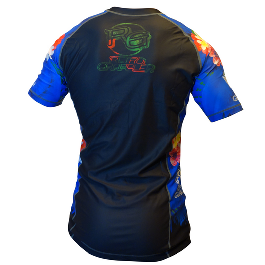 The Retro Grappler F#@k your Bad Vibes BJJ Rash Guard features blue floral short sleeves, a black back with a grappling helmet graphic, and Retro Grappler in a stylized font.