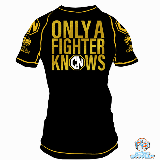 The Retro Grappler Combat Night Only a Fighter Knows Rash Guard features black and yellow four-way stretch fabric, bold gold ONLY A FIGHTER KNOWS on the back, sleeve and corner logos—an exclusive design for true fighters.