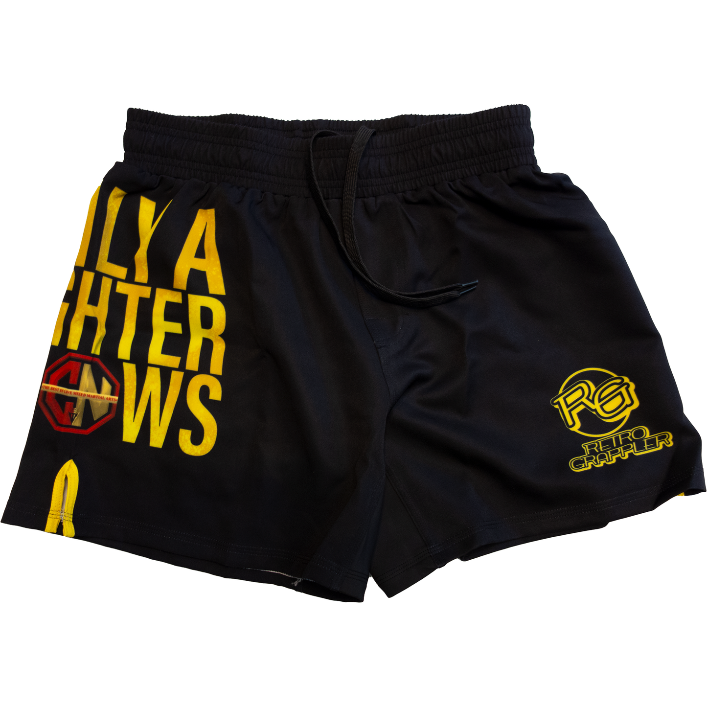 The Retro Grappler Only a Fighter Knows Grappling Short features black lightweight fabric, yellow ONLY A FIGHTER KNOWS writing, a red and yellow logo on the left, a yellow RG FIGHT CAMPER logo on the right leg, and no Velcro for comfort.