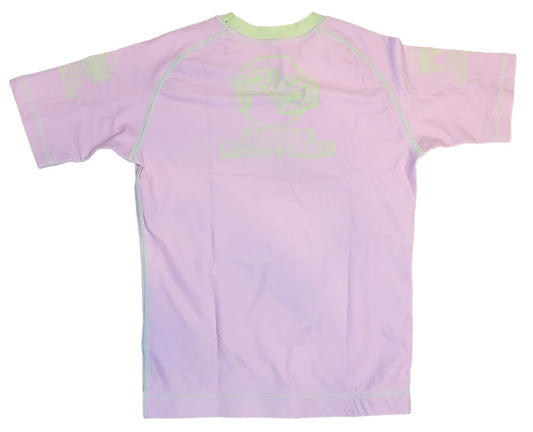 The Retro Grappler Youth - Respectful Red Panda is a short-sleeved, light purple athletic shirt with subtle light green stitching and logo on the back, made from four-way stretch fabric for a fitted, comfortable feel ideal for active wear.