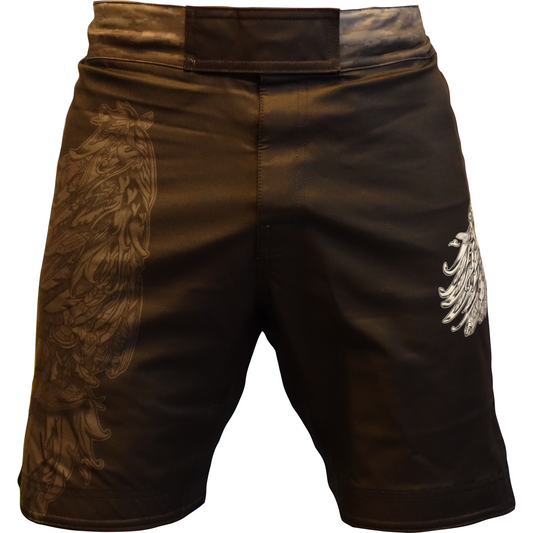 Retro Grappler Protect Our Heroes Fight Short features black athletic shorts with a velcro waistband, feather-style leg designs, and supports veteran mental health awareness—proceeds benefit veterans.