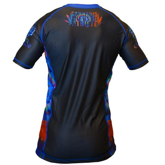 The Retro Grappler Cannabis Infused Athlete Tie Dye Series 1 Rash Guard is a short-sleeved, black athletic top with blue, orange, and red accents and CANNABIS INDUSTRY ATHLETE boldly printed on the back.