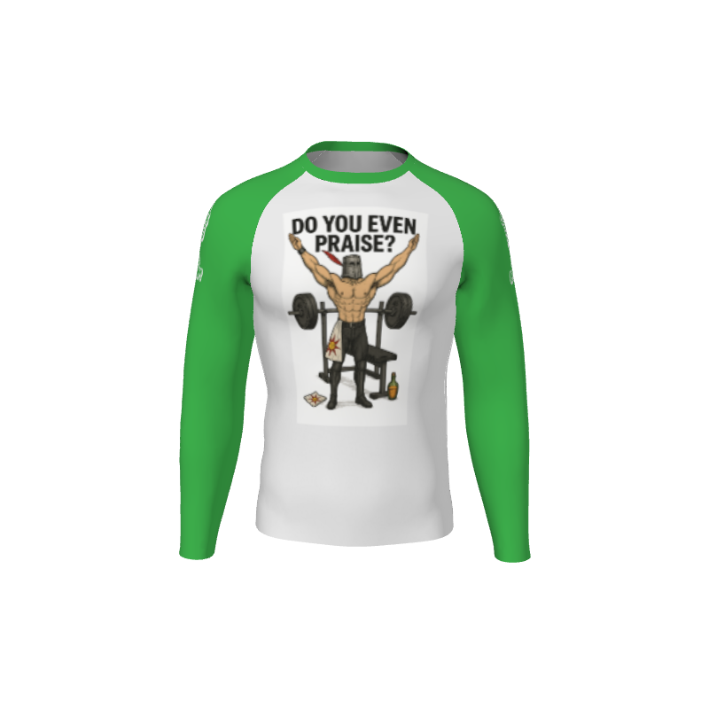 The Custom Retro Grappler Custom Halftone Long Sleeve Rash Guard features green sleeves and a graphic of a muscular person lifting a barbell with DO YOU EVEN PRAISE? text above.