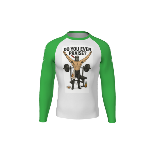The Custom Retro Grappler Custom Halftone Long Sleeve Rash Guard features green sleeves and a graphic of a muscular person lifting a barbell with DO YOU EVEN PRAISE? text above.