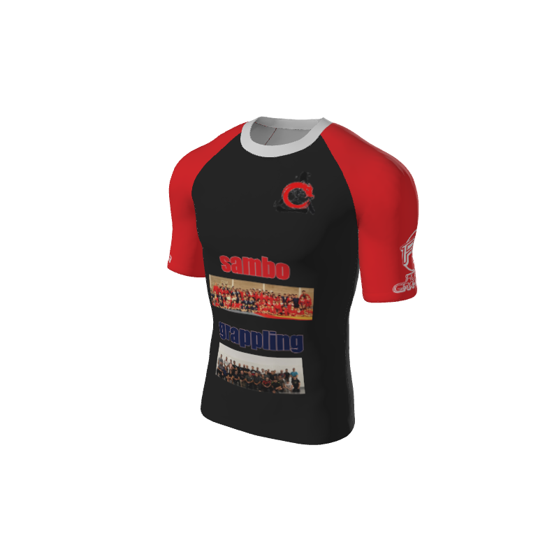 The Retro Grappler Custom Single Color Short Sleeve Rash Guard by Custom is a black and red athletic shirt featuring photos, sambo and grappling on the front, and small circular logos on the left chest and right sleeve.