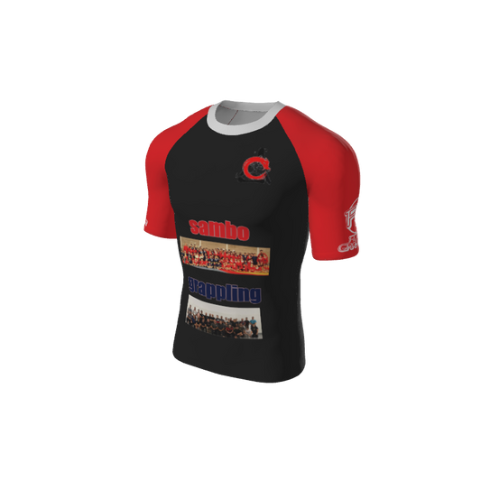The Retro Grappler Custom Single Color Short Sleeve Rash Guard by Custom is a black and red athletic shirt featuring photos, sambo and grappling on the front, and small circular logos on the left chest and right sleeve.