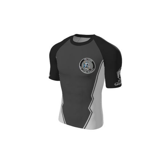 The Retro Grappler Custom Jagged Short Sleeve Rash Guard by Custom features black and gray colors, a white circular emblem logo on the left chest, contrasting sleeves, and a bold lightning graphic across the front.
