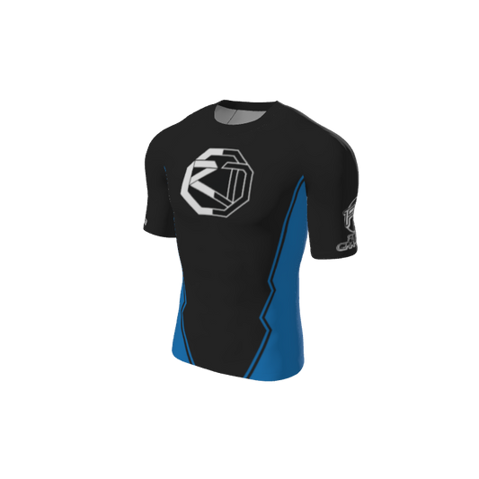 The Custom Retro Grappler Custom Jagged Short Sleeve Rash Guard features black fabric with blue side panels, a white geometric chest logo, and left sleeve graphics. This fitted shirt is designed for sports or training with custom style and performance.
