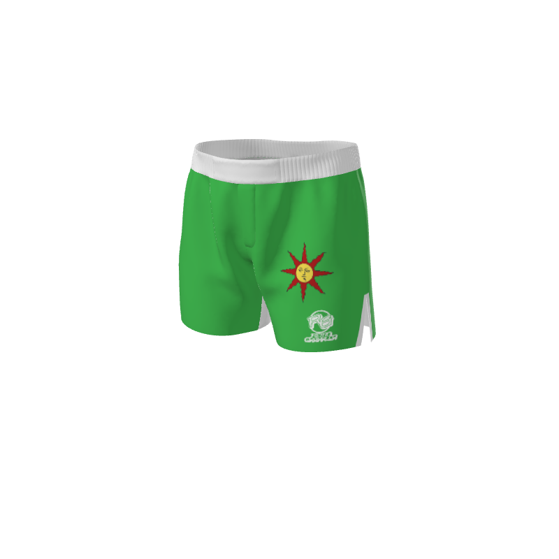 Custom Retro Grappler solid color grappling or Muay Thai shorts feature green fabric, a white waistband and trim, a red sun with a smiling face on one side, and white logos near the hem.