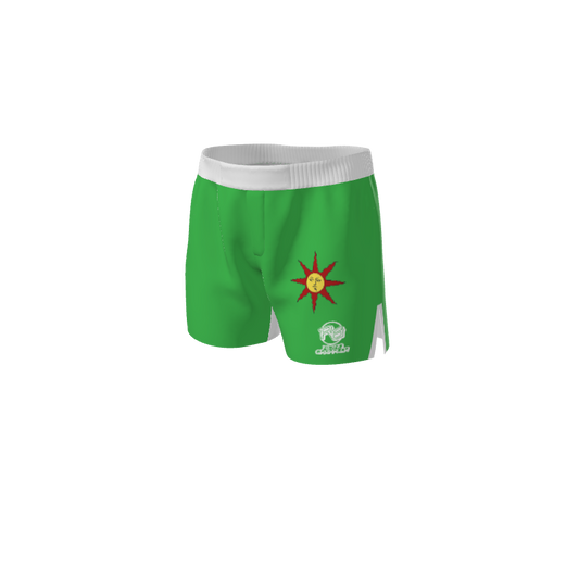 Custom Retro Grappler solid color grappling or Muay Thai shorts feature green fabric, a white waistband and trim, a red sun with a smiling face on one side, and white logos near the hem.
