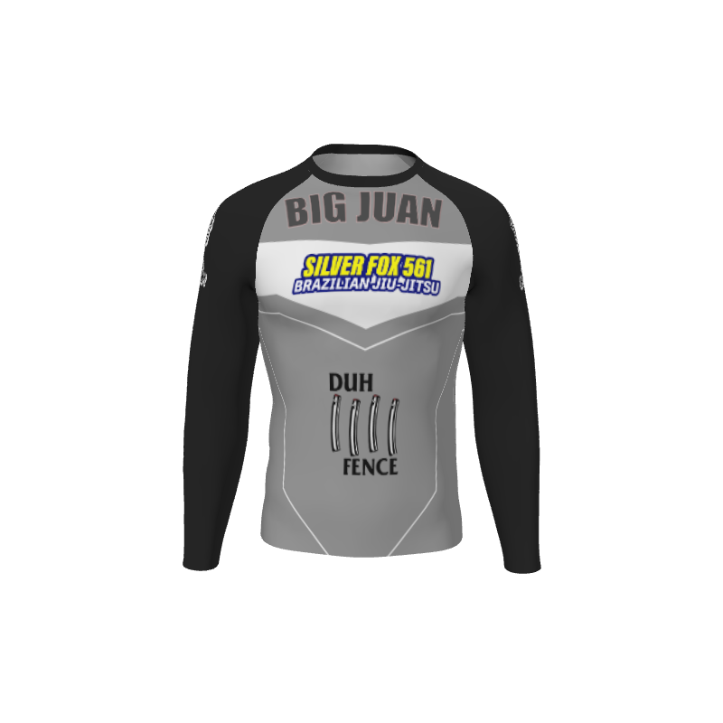 The Custom Retro Grappler Custom Banner A Long Sleeve Rash Guard features BIG JUAN, the SILVER FOX 561 BRAZILIAN JIU-JITSU logo, DUH FENCE with fence graphics, and black sleeves—a true standout for Brazilian Jiu-Jitsu.
