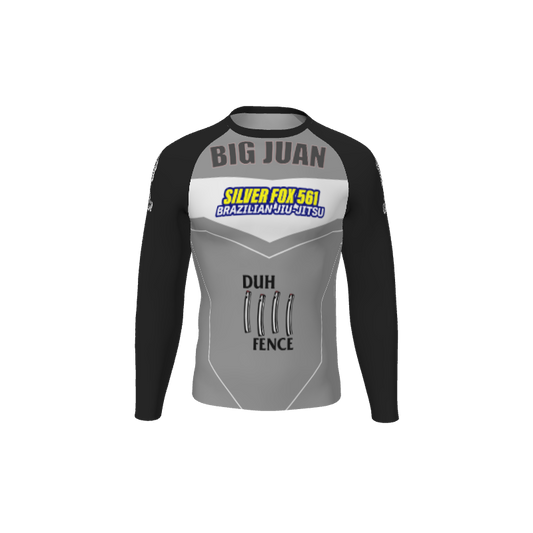 The Custom Retro Grappler Custom Banner A Long Sleeve Rash Guard features BIG JUAN, the SILVER FOX 561 BRAZILIAN JIU-JITSU logo, DUH FENCE with fence graphics, and black sleeves—a true standout for Brazilian Jiu-Jitsu.