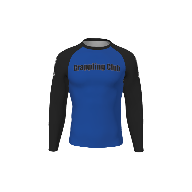 The Custom Retro Grappler Single Color Long Sleeve Rash Guard features bold Grappling Club lettering across the chest in blue and black—a must-have for any retro grappler.