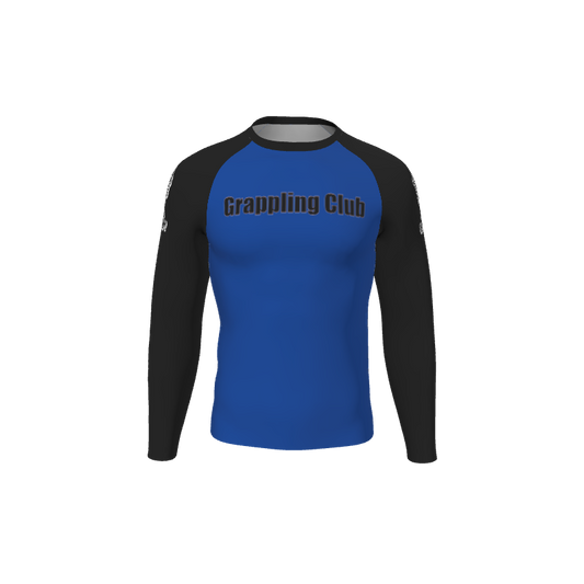 The Custom Retro Grappler Single Color Long Sleeve Rash Guard features bold Grappling Club lettering across the chest in blue and black—a must-have for any retro grappler.
