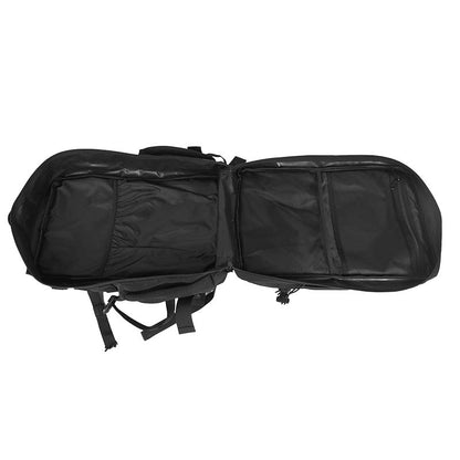 Black backpack with open compartments on a white background