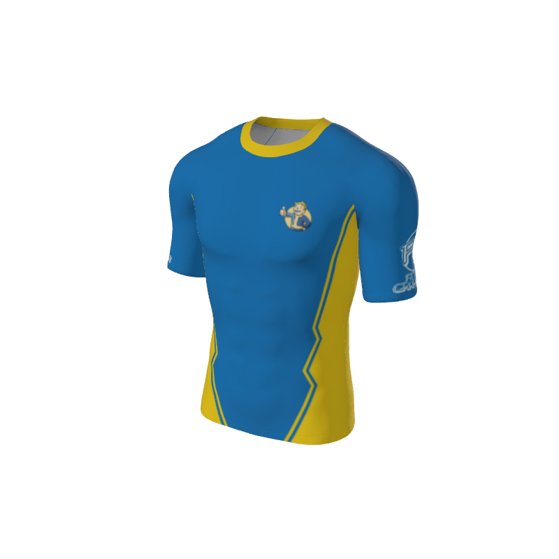 The Custom Retro Grappler Custom Jagged Short Sleeve Rash Guard is blue with yellow accents, a stylized lion logo on the chest, graphic design on one sleeve, and bold yellow zigzag side stripes for an athletic look.