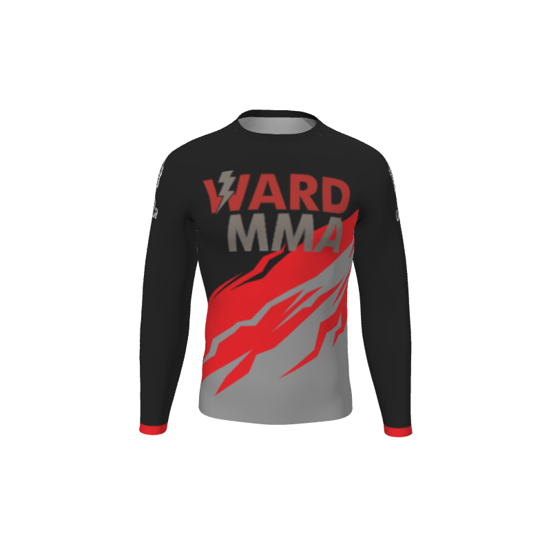 The Custom Retro Grappler Magnus Long Sleeve Rash Guard features black, red, and gray colors with bold abstract lines and VJARD MMA on the front—perfect for grappling enthusiasts.
