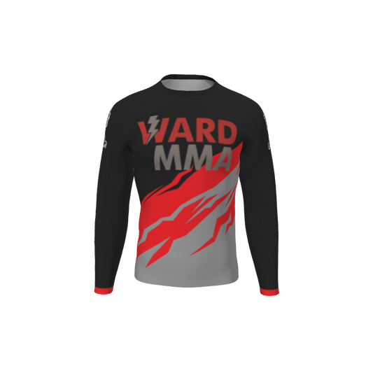 The Custom Retro Grappler Magnus Long Sleeve Rash Guard features black, red, and gray colors with bold abstract lines and VJARD MMA on the front—perfect for grappling enthusiasts.
