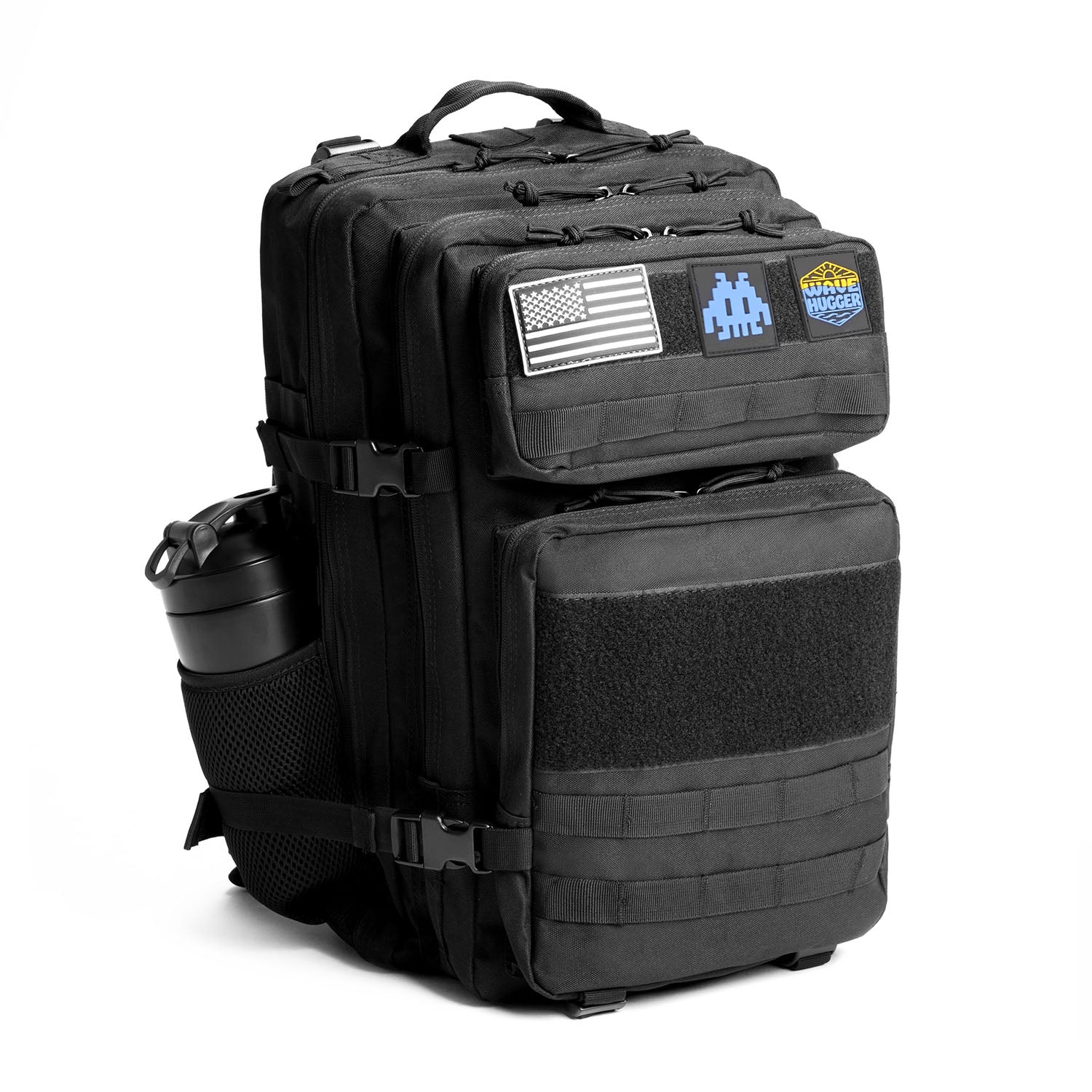 Black tactical backpack with American flag and patches on a white background
