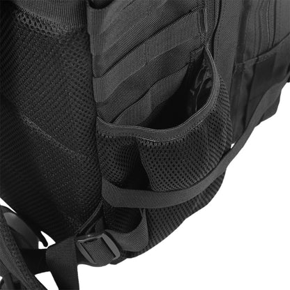Close-up of a black backpack with straps and mesh details on a white background