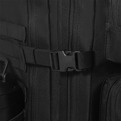 Close-up of a black backpack with a buckle on a dark background