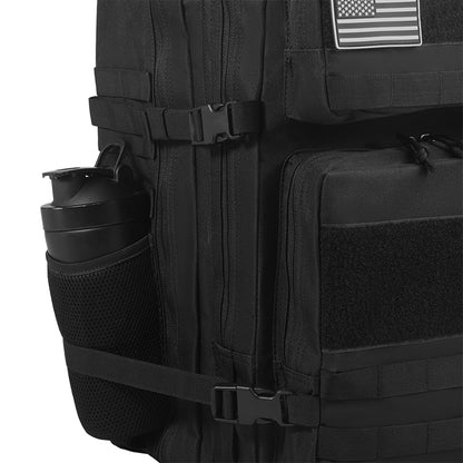 Black tactical backpack with American flag patch on a white background