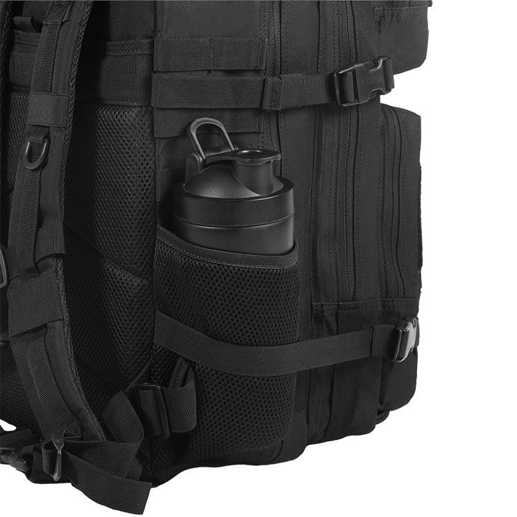 Black tactical backpack with water bottle holder on a white background