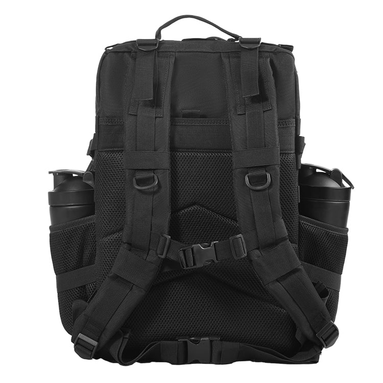 Black tactical backpack with multiple compartments and straps on a white background